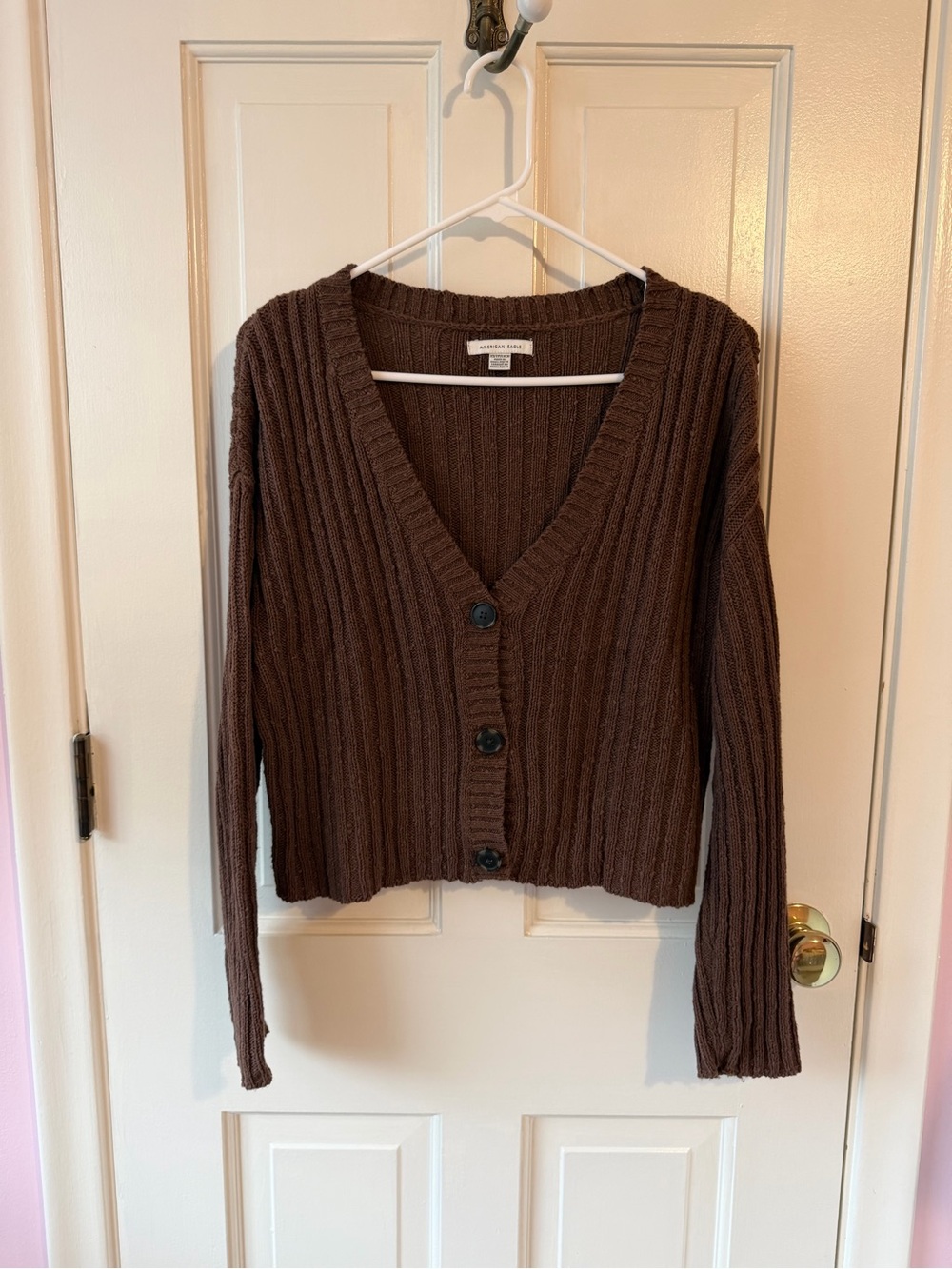 American Eagle Outfitters Brown Ribbed V-Neck Button Cardigan